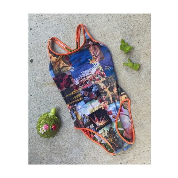 vintage 90s SPEEDO Hawaiian Print REVERSIBLE SWIMSUIT xs/0 tropical photo y2k - Picture 1 of 10
